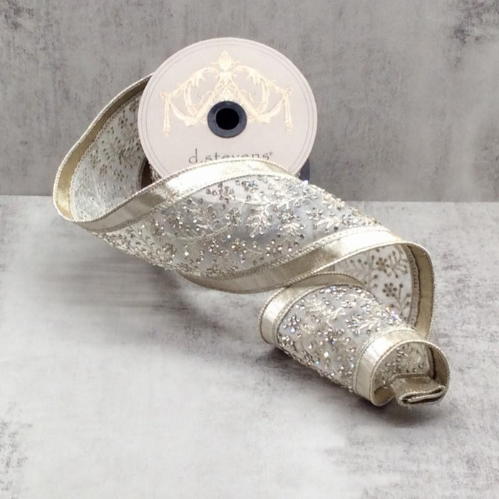 DS05-1275 (00371) - Metallic Dupion Clear Jeweled Floral Center, 4"X5Yd Platinum