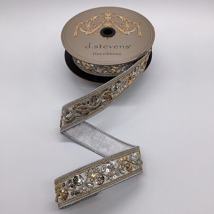 DS05-2045 (00373) - Metallic Dupion Jewel Sequin Floral Trim 1.5"X10Yd Silver (N)