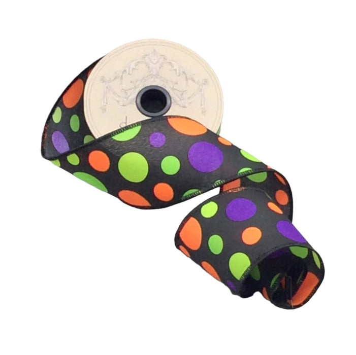 DS09-4851 (31984) - Linen Orange/Green/Purple Polka Dots Black 2.5"X10Yd