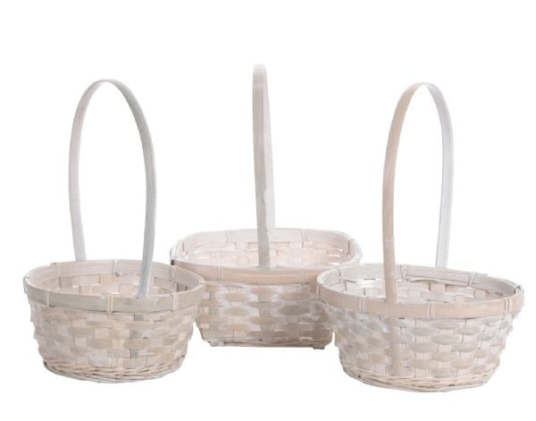 1-605WW/1 (29524) - 5"-7" White Wash Bamboo Basket with Handle, Asst Round/Oval/Rectangle
