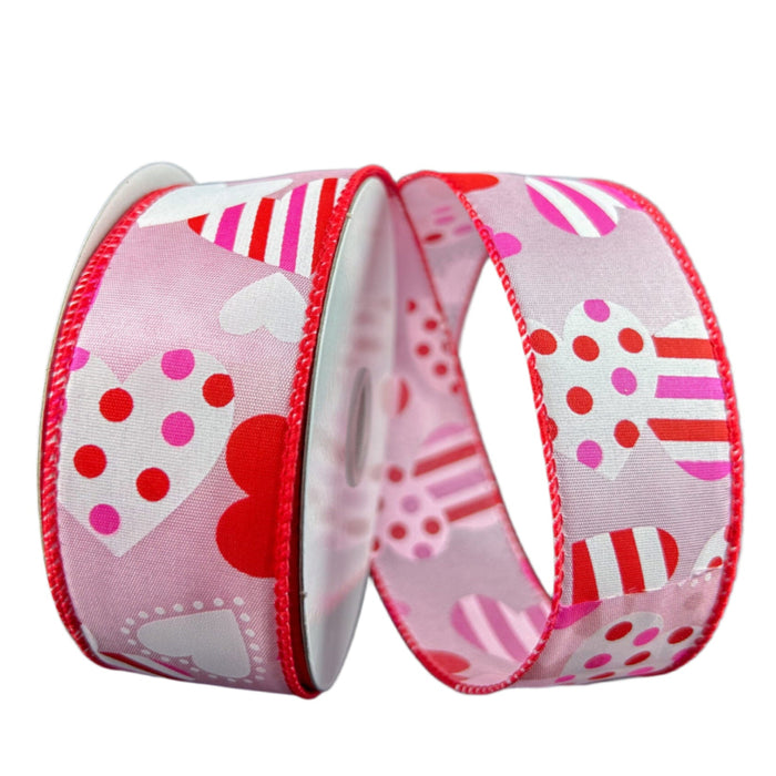 11406-09-03 (00073) - Satin Wired Dots Stripe Heart 1.5"x10Yd Light Pink-Red-White