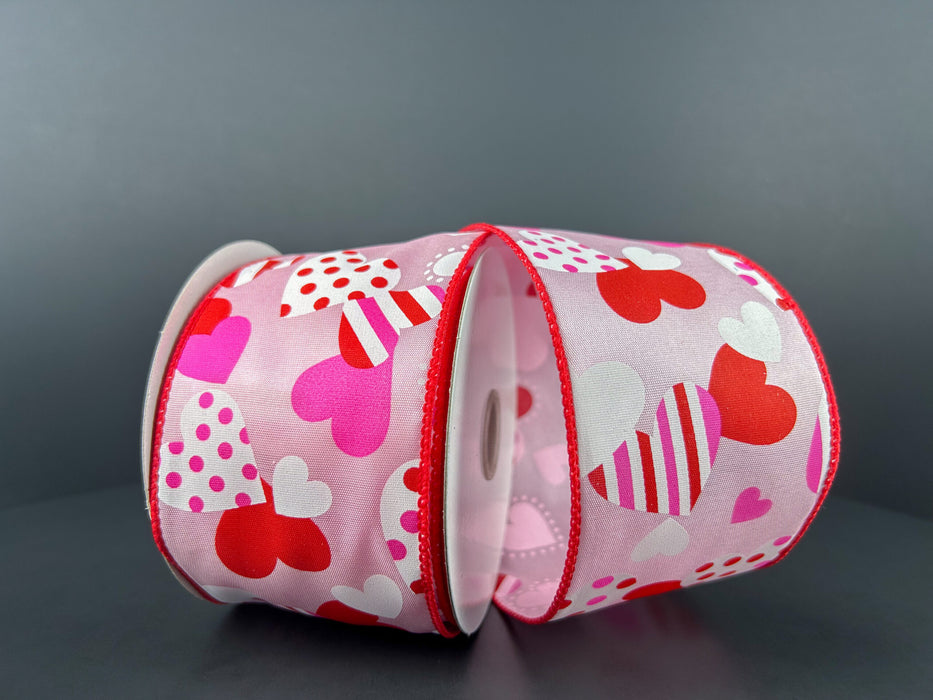 11406-40-03 (00074) - Satin Wired Dots Stripe Heart - 2.5" x 10yd - Light Pink/Red/White