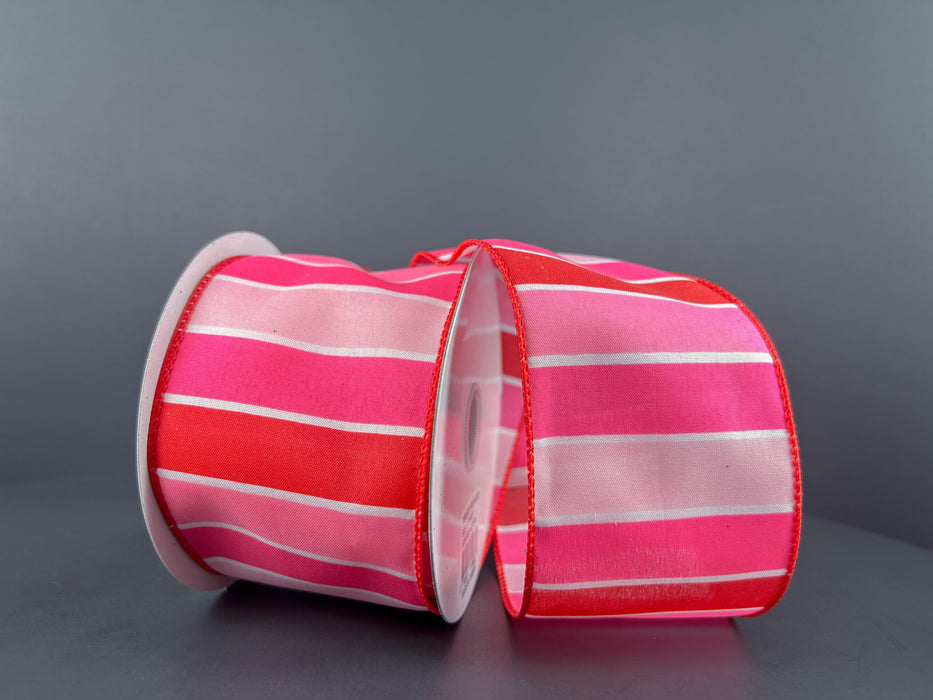 11407-40-28 (00071) - Satin Wired Wide Stripe - 2.5" x 10yd - Fuchsia/Red/Pink