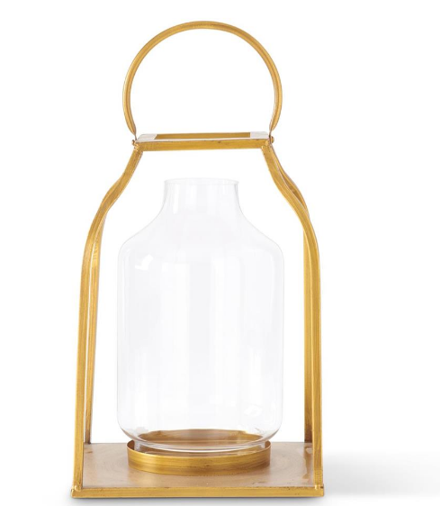 14979A-GD (11563) - Trapezoid Lantern W/ Glass Hurricane 14.25" Gold