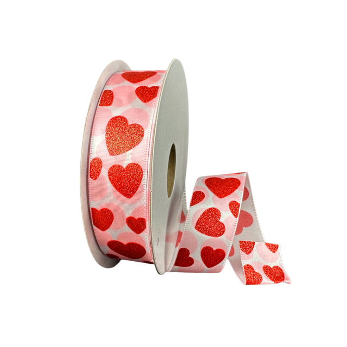 17503-05-12 (00076) - Satin Heart 7/8"x10Yd White-Red Heart-Pink Dots