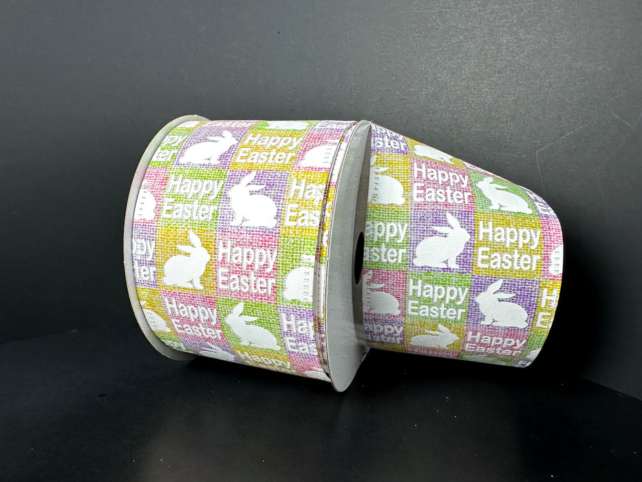 36503-40-22 (00087) - Satin Wired Happy Easter 2.5"x10Yd Purple-Pink-Yellow
