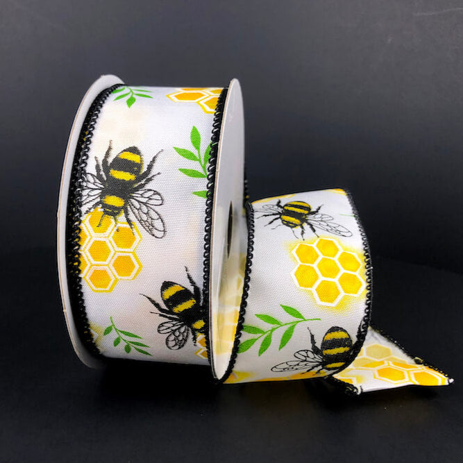 41328-09-01 (32251) -Satin Honeycomb Bee - 1.5" x 10yd - White
