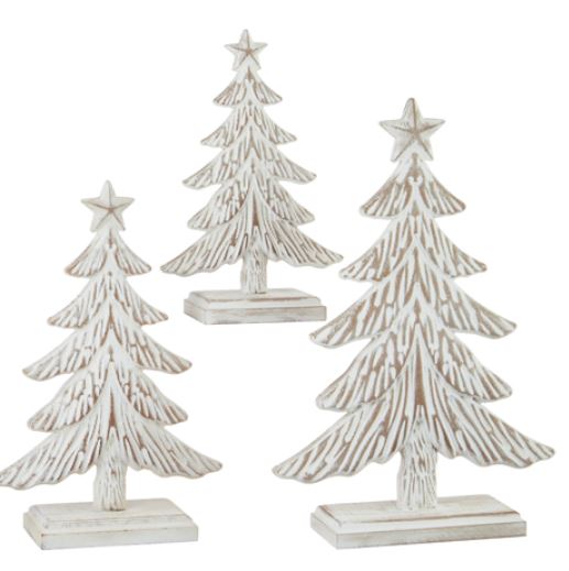 4154222++ (3) - White Wash Carved Wood Tree 14.25"