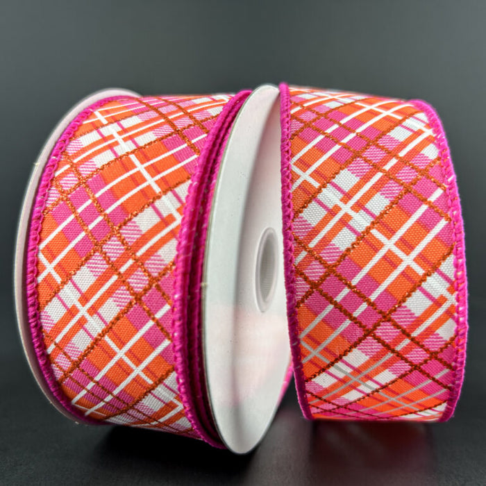 51401-09-28 (31966) - Busy Diagonal Plaid - 1.5" x 10yd -White/Orange/Fuchsia