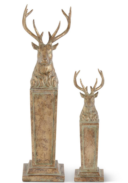 54721A+ (11551) - Resin Deer Busts On Pillars Small Gold 10.25"