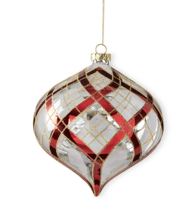 55122D (11661) - Clear Glass Onion Ornament Plaid W/ Glitter 5" Red/Gold