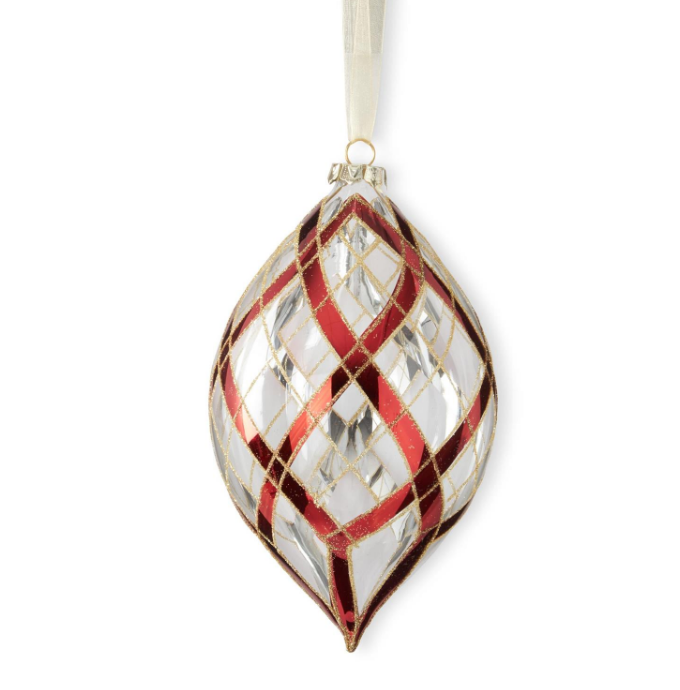 55122F (11566) - Clear Glass Teardrop Ornament 8.5" Red & Gold