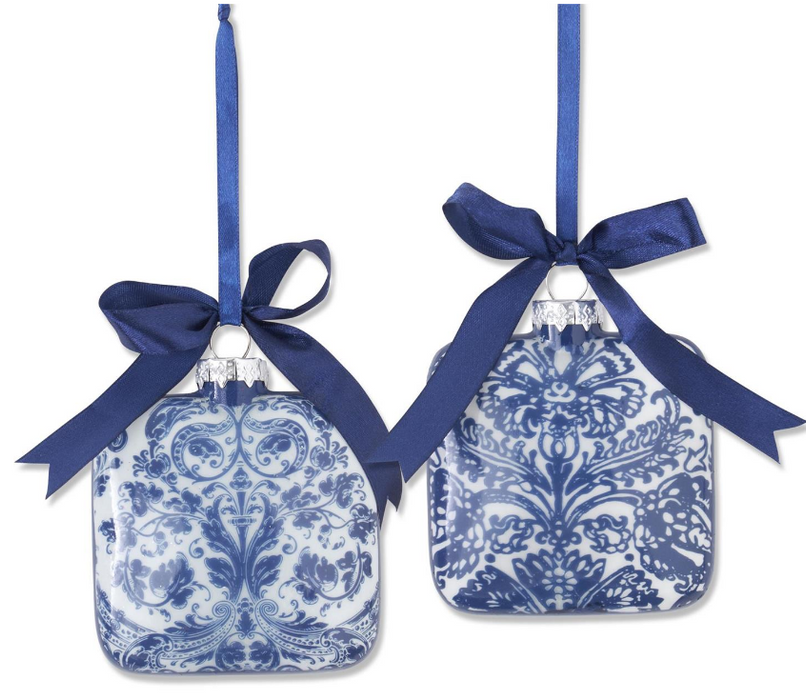 55373A (11529) - Floral Print Square Glass Ornament 4.25" Blue/White
