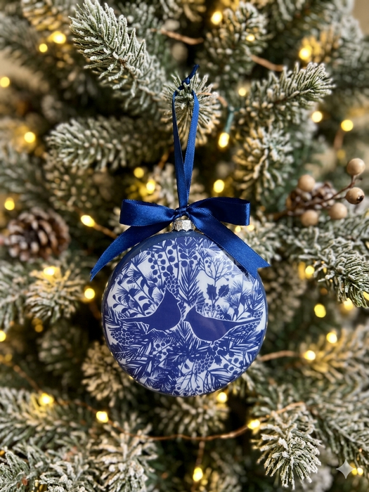 55373B (11425) - Floral Print W/Birds Flat Round Ornament 5" Blue/White