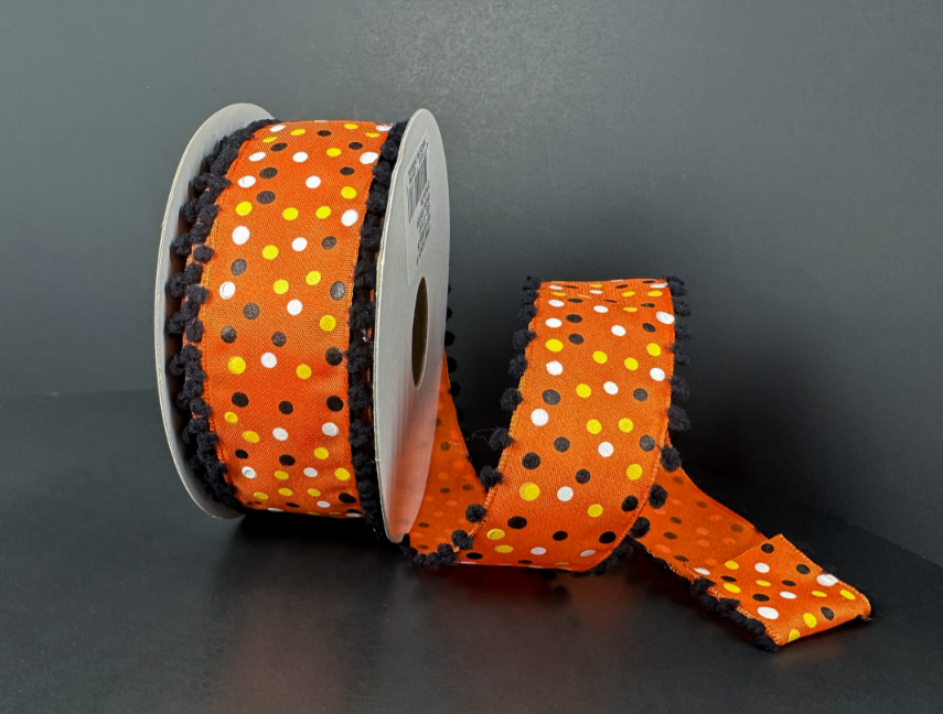 57526-09-19 (11533) - Dots Black Ball Edge - 1.5" x 10yd - Orange/Yellow/White