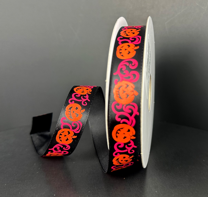 57620-03-21 (11534) - Satin Jack O Lantern - 5/8" x 10yd - Black/Fuchsia/Orange