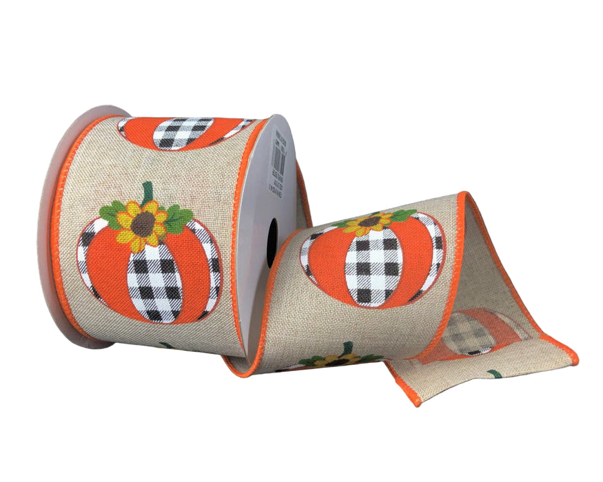 61023-40-21 (27600) - Linen Plaid Pumpkins & Flowers - 2.5" x 10yd - Natural