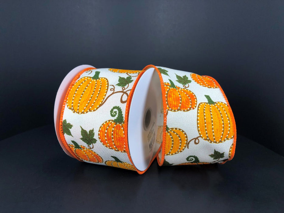 61102-40-38 (31960) - Burlap Dotted Pumpkins Or/Iv 2.5"X10Yd