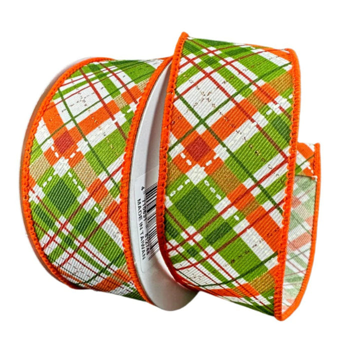 61314-09-31 (31959) - Linen Diagonal Plaid - 1.5" x 10yd - White/Orange/Green