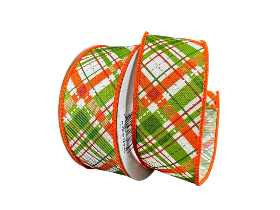 61314-09-31 (31959) - Linen Diagonal Plaid White/Orange/Green 1.5"X10Yd