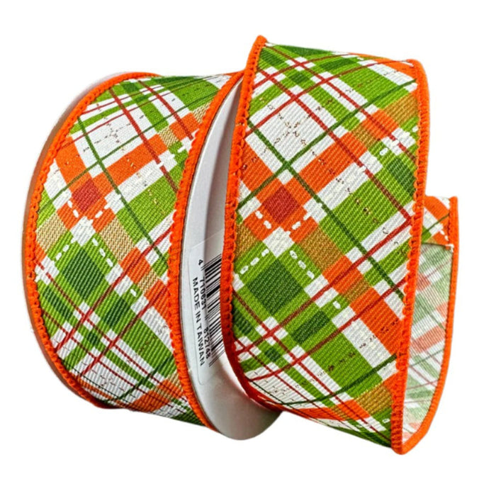 61314-40-31 (31958) - Linen Diagonal Plaid - 2.5" x 10yd - White/Orange/Green