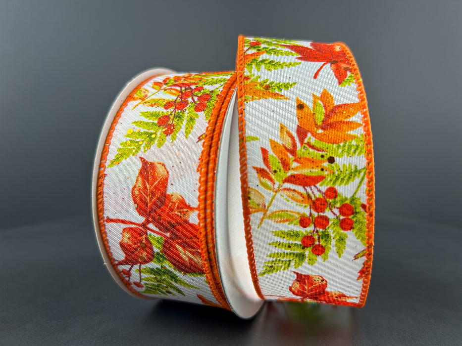 61405-09-01 (31956) - Wht Texture Fall Ferns N Leaves 1.5"X10Yd