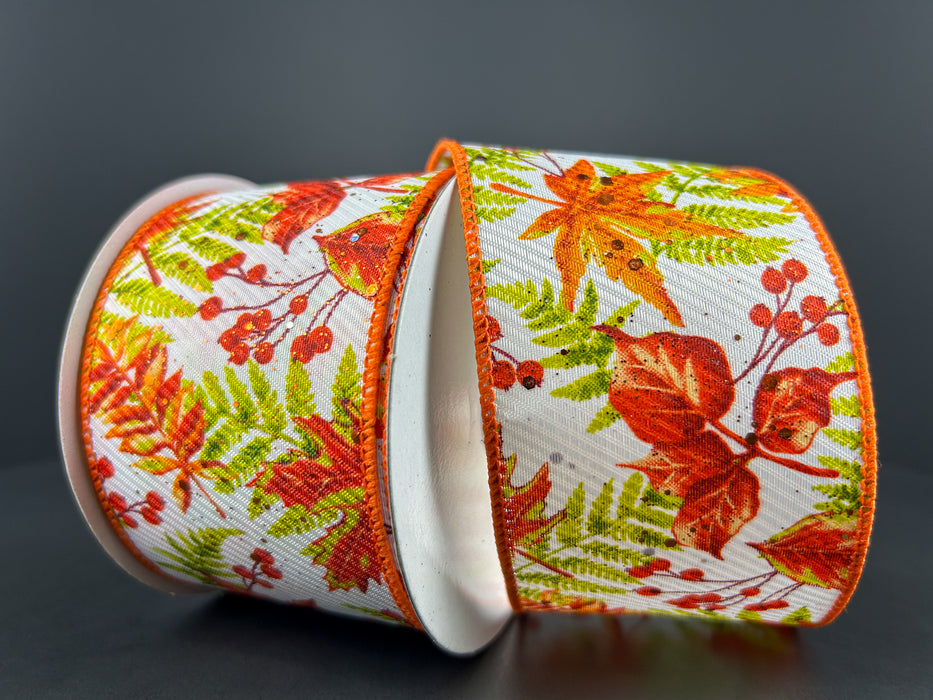 61405-40-01 (31955) - Wht Texture Fall Ferns N Leaves 2.5"X10Yd