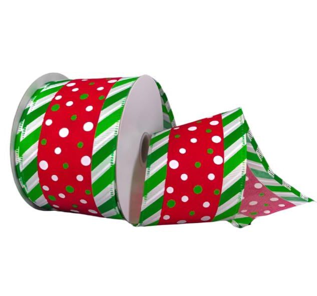 75113-40-14 (28734) - Satin Dots & Stripes - 2.5" x 10yd - Red/Green/White