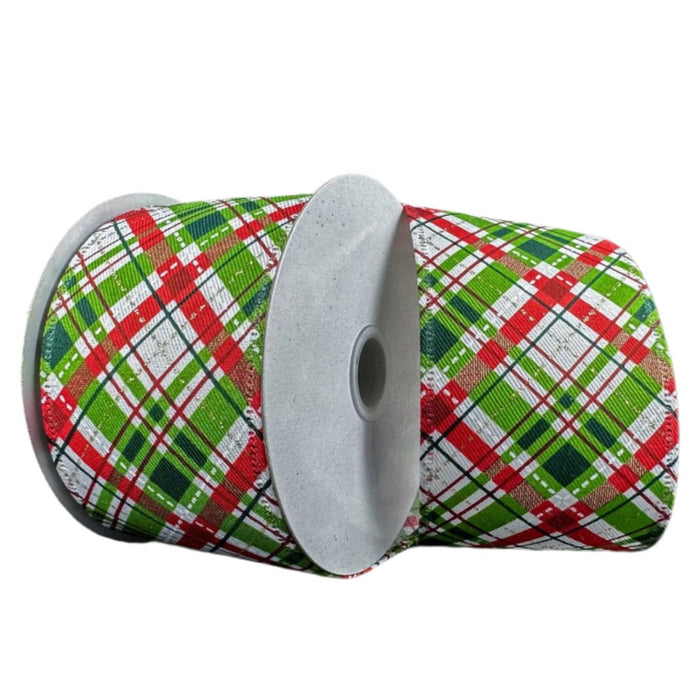 76314-40-08 (31954) - Diagonal Plaid - 2.5" x 10yd - White/Lime/Red