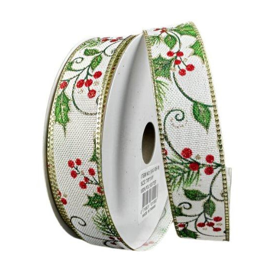 76347-05-18 (31950) - Holly Glitter - 7/8" x 10yd -  Ivory/Gold