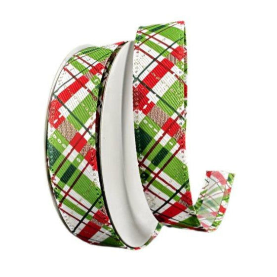76348-05-17 (31949) - Glitter Plaid - 7/8" x 10yd - White/Green/Red/Gold