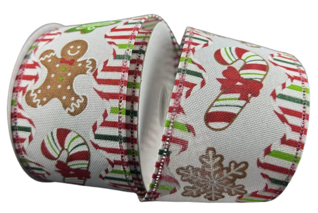76407-40-01 (31947) - Xmas Cookies Candy Stripe - 2.5" x 10yd - White/Red
