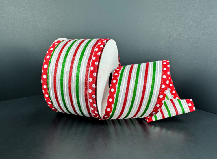 76537-40-17 (11580) - Satin Stripes & Dot Edge- 2.5" x 10yd - Red/White/Green
