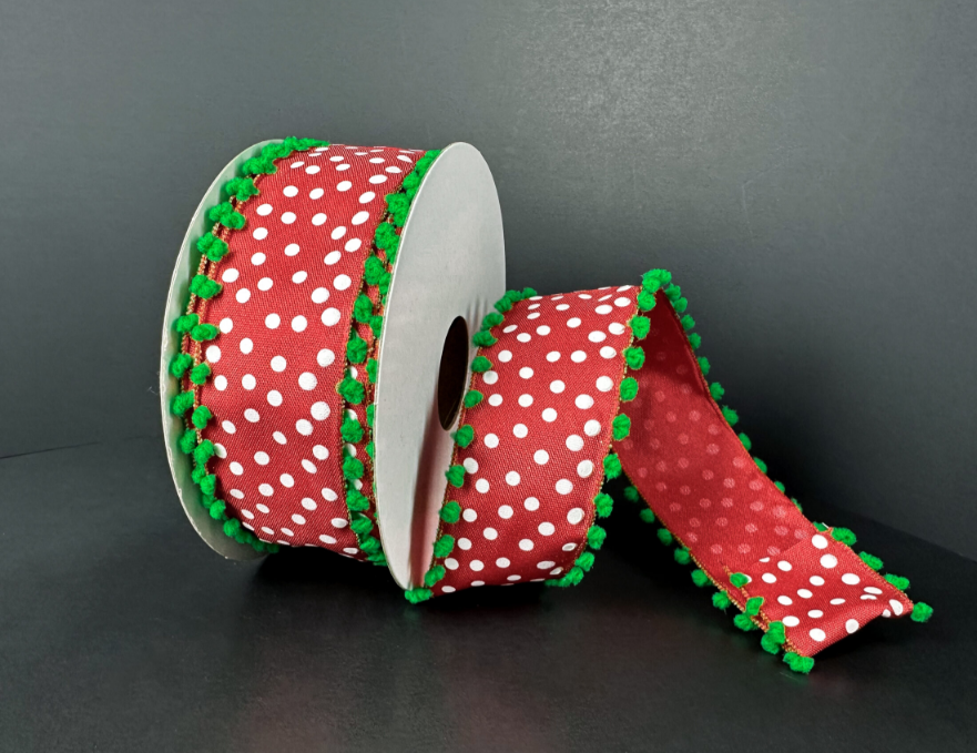 77511-09-12 (11535) - Satin Dots Lime Ball Edge - 1.5" x 10yd - Red/White