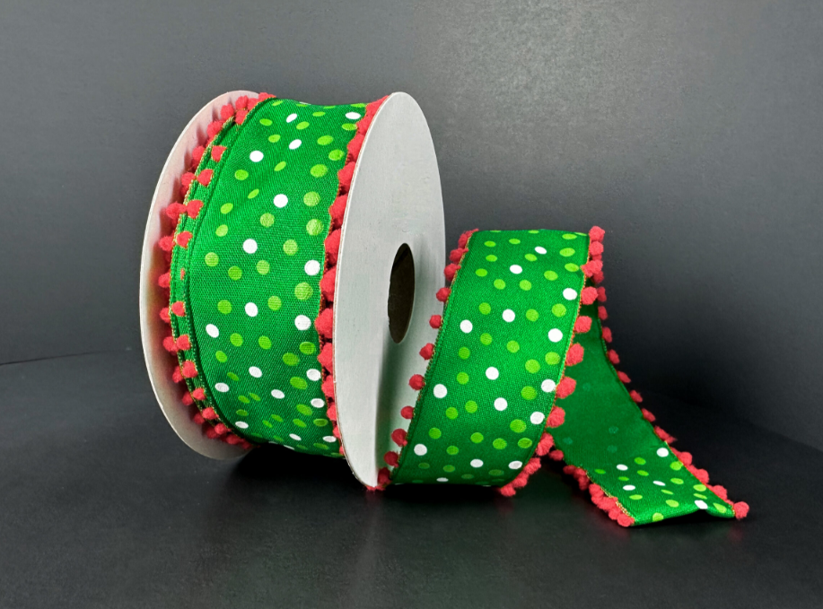 77511-09-17 (11536) - Satin Dots Red Ball Edge - 1.5" x 10yd - Lime/White