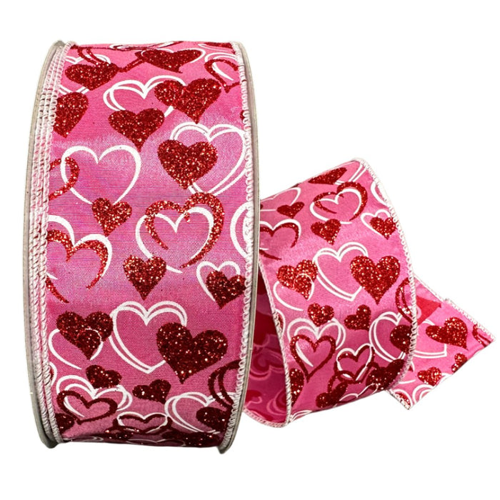 811-40-403 (31905) - Satin Glitter Hearts Dark Pink/Red 2.5"X50Yd