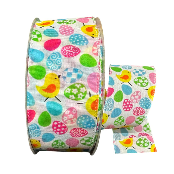 831-40-404 (31903) - Linen Patterned Eggs & Chicks - 2.5" x 50yd - White