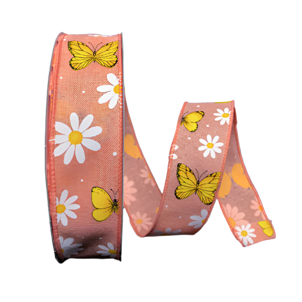 841-09-233 DISC (29872) - Linen Daisy Butterfly - 1.5" x 50yd - Coral