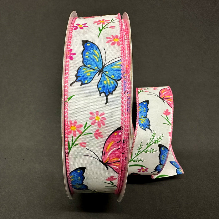 841-09-413 (00079) - Satin Wired Butterfly Flower - 1.5" x 50yd - Cream/Blue/Pink