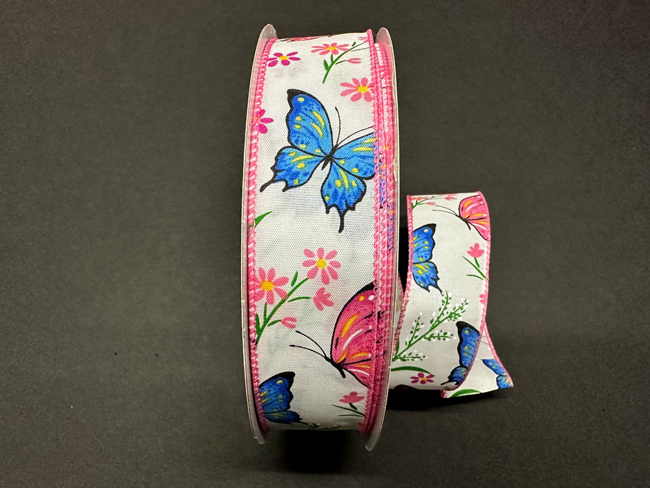 841-09-413 (00079) - Satin Wired Butterfly Flower - 1.5" x 50yd - Cream/Blue/Pink