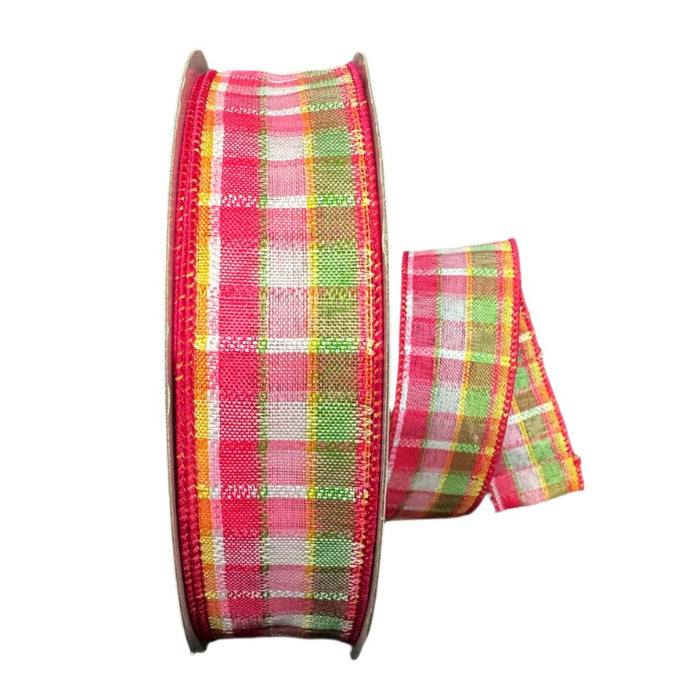 841-09-425 (488) - Kentini Plaid Fuchsia/Lime/Yellow/White - 1.5" x 50yd