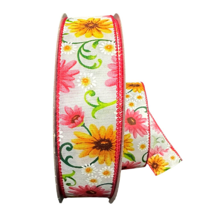 841-09-431 (500) - Satin Daises - 1.5" x 50yd - White/Pink/Yellow