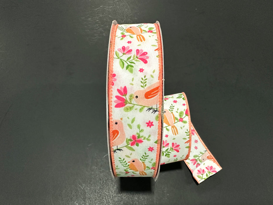 841-09-528 (00078) - Satin Wired Orange Bird - 1.5" x 50yd - Orange/White/Pink