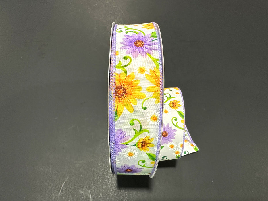 841-09-533 (00083) - Satin Wired Daisy 1.5"x50Yd Yellow-Purple-White