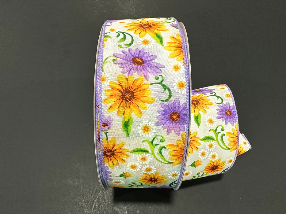841-40-533 (00084) - Satin Wired Daisy 2.5"x50Yd Yellow-Purple-White