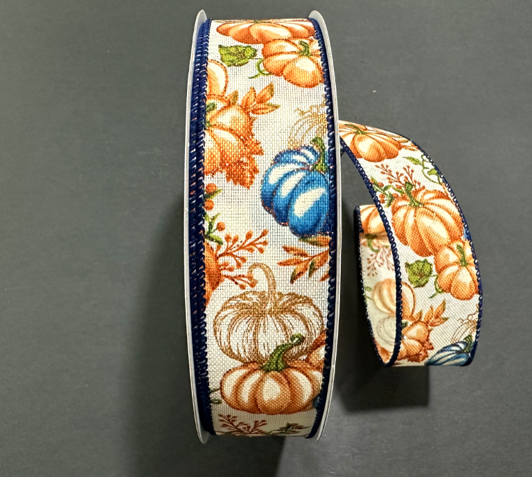 861-09-501 (11537) - Linen Gold Pumpkins - 1.5" x 50Yd Cream/Rust/Blue