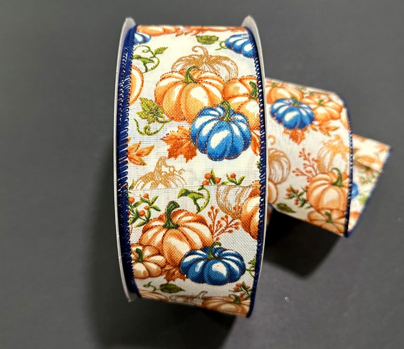861-40-501 (11538) - Linen Gold Pumpkins - 2.5" x 50Yd Cream/Rust/Blue