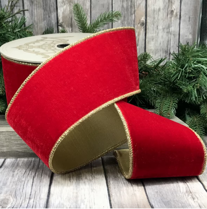 DS05-0869 (11363) - Velvet Glitter Gold Trim, 4"X10Yd Red