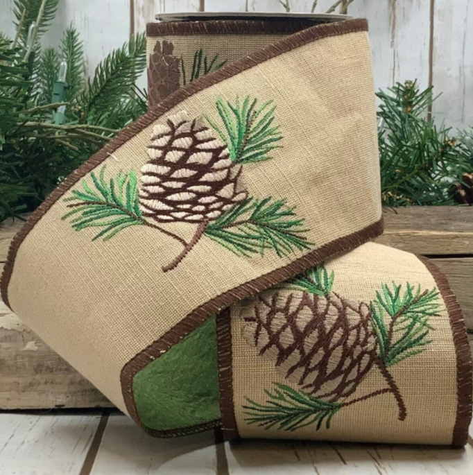 DS87-0770 (11374) - Canvas Embroidered Pinecone, 4"X10Yd Brown/Natural