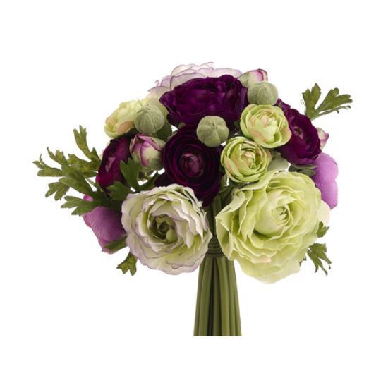 FBQ368-PU/GR (31088) - Ranunculus Bouquet Purple/Green 9"